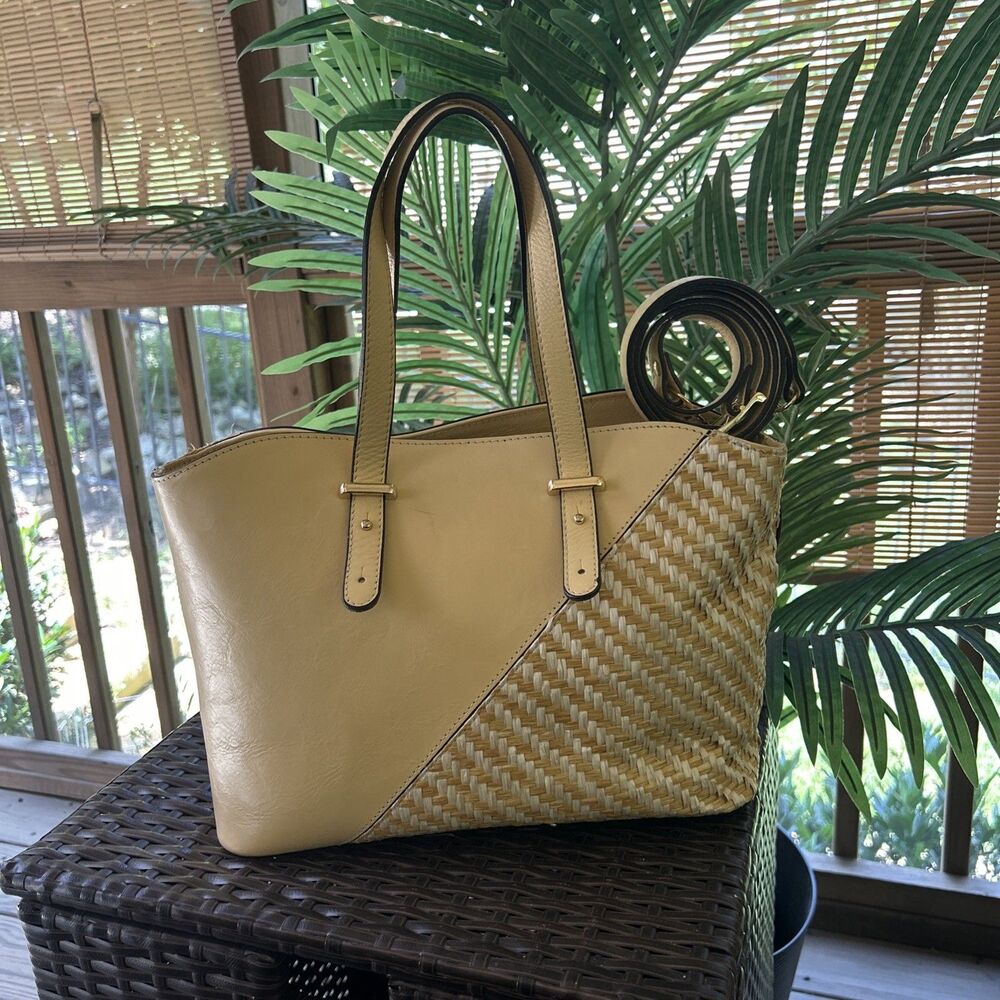 Anna Paola Brown Italy Leather and Straw Shoulder Bag Purse Handbag Yellow RARE!
